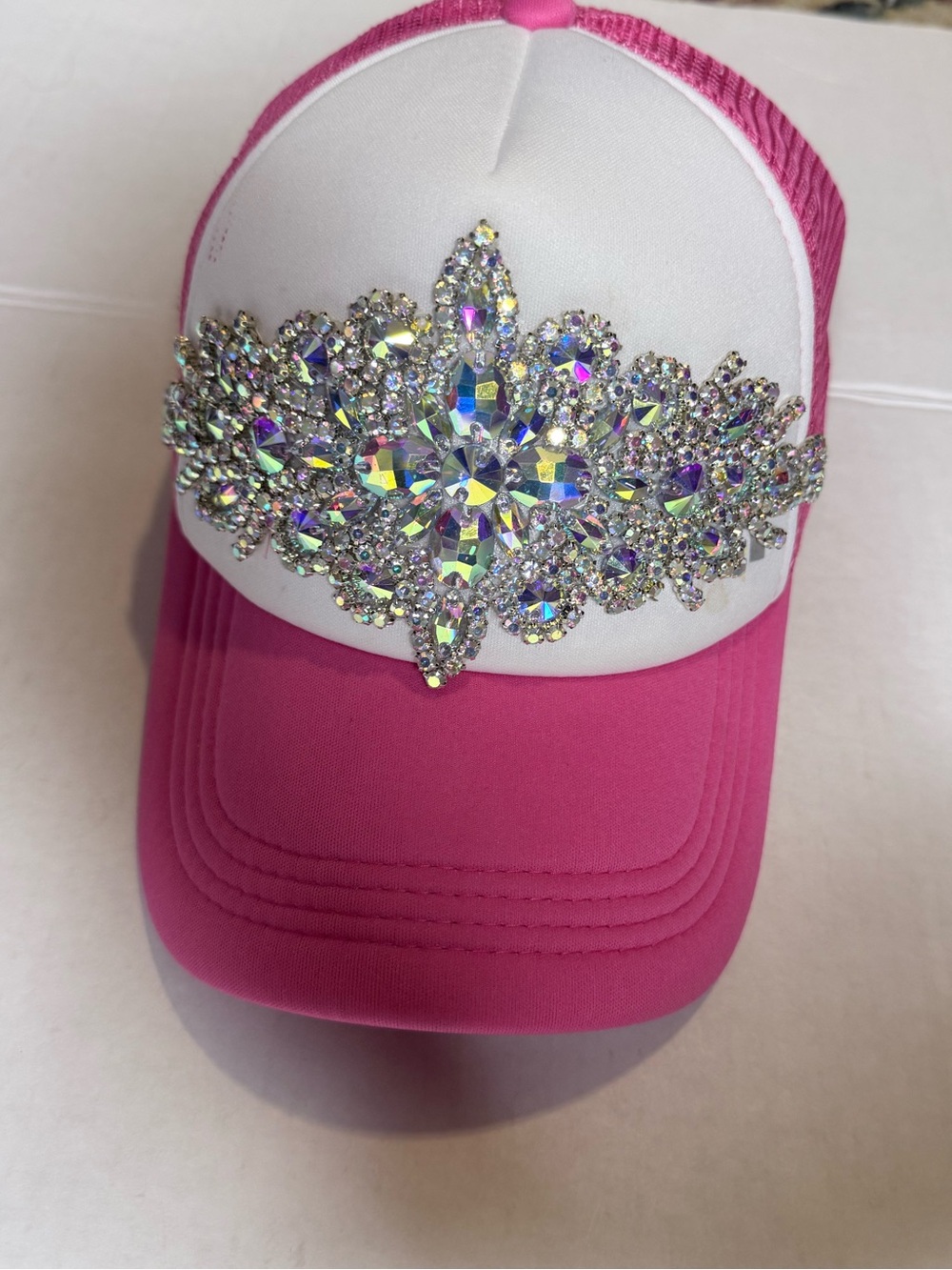 Pink and White Crystal Accent Trucker Hat - Picture 2 of 3